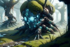 Aerial view of biopunk abandoned robot, sci fi, hyperdetailed postapocalyptic scenery, moss covered head and arms, glowing mushooms, muted colour palette, yellow accents,DonMT3chW0rld