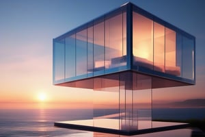 cube shaped glass transparent cantilevered modern house above the ocean, opalescent light, abstract geometric shapes, hyperdetailed, sunset background, photorealistic, hd,dvarchmodern