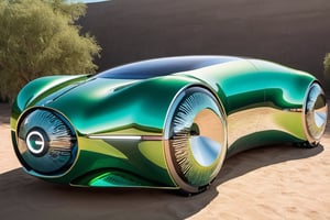 Vibrant metallic hues illuminate the sleek, glass-made 'Agricraft' concept car, a fusion of futuristic luxury and steampunk whimsy. The vehicle's outline is an exaggerated caricature, with bulbous tires and curvaceous lines evoking a sense of cartoonish charm. A Ferrofluid art installation wraps around the chassis, emitting a mesmerizing glow. In this fantastical scene, the 'Agricraft' car appears ready to roll into a futuristic farm, its glass body glistening like polished chrome.