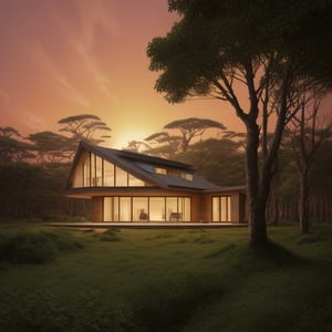 House in forest at sunset, Chris LaBrooy style, cubo-futurism, solarpunk, painting, detailed trees and bushes, vibrant sunset, warm color tones, atmospheric lighting, highres, detailed, futuristic, geometric design, nature, tranquil, vibrant colors, unique architecture,photorealistic