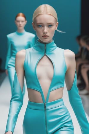 walking on runway female model with freckles, full figure visible, sleek blonde hair, pale skin, blue eyes, editorial minimalistic makeup, futuristic clothing in teal and baby blue, dynamic, hyperrealistic