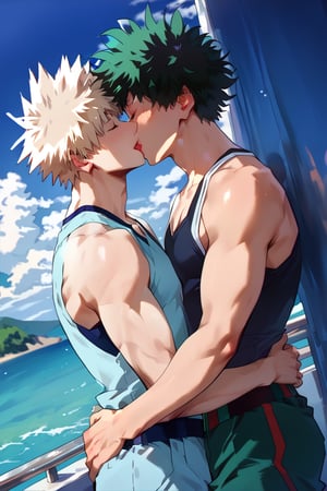 score_9,score_8_up,score_7_up, (two men, couple, duo:1.5), gay, bara, (kiss:1.5), hand on waist, looking at viewer, bakugou katsuki ,izuku_midoriya, perfect anatomy, perfect proportions, best quality, masterpiece, high_resolution, dutch angle, cowboy shot, photo background, day, blue sky, ocean, look at each other, (perfect hands),bakugo, green hair