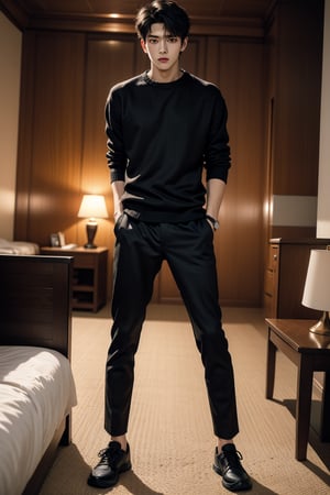 ((Fujifilm)), man, tall, handsome, solo, night,  calm, hair blown by the breeze, aisb_aisb, black jumper, and black long pants,black shoes, fade hair style,short hair, bedroom, (full body view),Handsome Thai Men, dynamic movement,
(fantasy theme:1.2), ((slender:1.4)), 
beautiful and aesthetic, vibrant color, Exquisite details and textures, cold tone, ultra realistic illustration,siena natural ratio, anime style,  (solo), (standing 1.5)), (torso body shot:1.4), (can see whole body head to toe), 1 versus 1,Detailedface, 