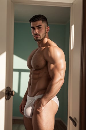 Realistic depiction of a muscular male with full-body focus on his physique. He stands confidently with blush cheeks and glossy lips, wearing briefs and a see-through open transparent shirt, sporting thick eyebrows and lips, framed by a perfect oval face and sharp nose. His hi-top fade haircut is neatly trimmed at 1.3 inches. The scene features soothing tones, muted colors, and high contrast, with natural skin texture and soft light. Sharp focus on his facial features creates a hyperrealistic image, huge bulge