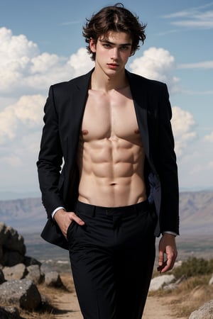 a ((torso-body shot)) of a 17-year-old , Greek god, a European boy with,  brown shade haircut, ((pale skin)), 
he's wearing a black suit and black pants, 
no chest hair, alone, 
realistic, masterpiece, with amazing photography, 8k, HDR, ultra-high resolution, realistic face, realistic body, realistic eyes, highly detailed eyes, perfect young face, ultra-high resolution,8k,Hdr, soft light, perfect face, cinematic light, soft box light, pal colors, unsaturated colors, abandoned_style, photo of perfect eyes, perfect leg,  perfect foot, can see the whole body, sharp focus,  male_only,  smooth, realistic skin,hdsrm, renaissance,Detailedface,telekinesis,