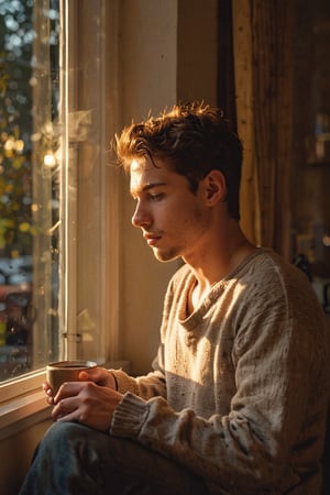 A young man, cradling a steaming coffee cup in his hands, sits by the window, bathed in the warm glow of early morning light. The soft illumination casts a cozy ambiance as he gazes outside, lost in thought.