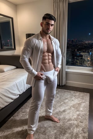 Realistic depiction of a muscular male with full-body focus on his physique at night. He stands confidently with blush cheeks and glossy lips, wearing white briefs and white open shirts, sporting thick eyebrows and lips, framed by a perfect oval face and sharp nose. His hi-top fade haircut is neatly trimmed at 1.3 inches. The scene features soothing tones, muted colors, and high contrast, with natural skin texture and soft light. Sharp focus on his facial features creates a hyperrealistic image, huge bulge modern bedroom with decorations, a windowed night view of beautiful city with skyscrapers, at night, dark enviroment Camera settings to capture such a vibrant and detailed image would likely include,1boy