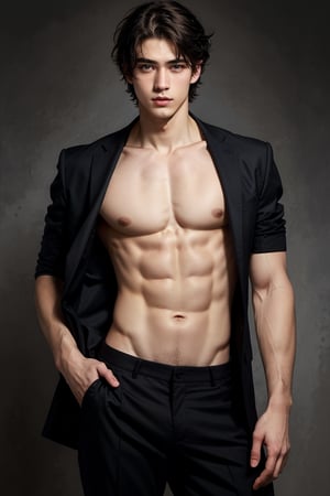 a ((torso-body shot)) of a 17-year-old , Greek god body, a Asian boy with,  brown shade haircut, ((pale skin)), 
he's wearing a black suit and black pants, 
no chest hair, alone, 
realistic, masterpiece, with amazing photography, 8k, HDR, ultra-high resolution, realistic face, realistic body, realistic eyes, highly detailed eyes, perfect young face, ultra-high resolution,8k,Hdr, soft light, perfect face, cinematic light, soft box light, pal colors, unsaturated colors, abandoned_style, photo of perfect eyes, perfect leg,  perfect foot, can see the whole body, sharp focus,  male_only,  smooth, realistic skin,hdsrm, renaissance,Detailedface,telekinesis,