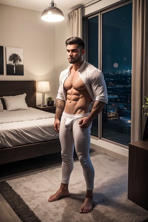 Realistic depiction of a muscular male with full-body focus on his physique at night. He stands confidently with blush cheeks and glossy lips, wearing white briefs and white open shirts, sporting thick eyebrows and lips, framed by a perfect oval face and sharp nose. His hi-top fade haircut is neatly trimmed at 1.3 inches. The scene features soothing tones, muted colors, and high contrast, with natural skin texture and soft light. Sharp focus on his facial features creates a hyperrealistic image, huge bulge modern bedroom with decorations, a windowed night view of beautiful city with skyscrapers, at night, dark enviroment Camera settings to capture such a vibrant and detailed image would likely include,1boy
