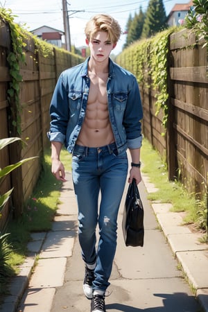 1male,blue eyes, handsome, no shirt, six packs, blue jean jacket, white pants, slender, 17 years old boy, blonde ,Detailedface, realistic skin, pale skin, black shoes, walking, 