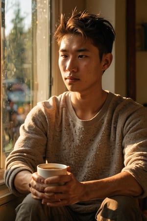 A young Asian man, cradling a steaming coffee cup in his hands, sits by the window, bathed in the warm glow of early morning light. The soft illumination casts a cozy ambiance as he gazes outside, lost in thought.