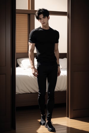 ((Fujifilm)), man, tall, handsome, solo, night,  calm, hair blown by the breeze, aisb_aisb, black jumper, and black long pants,black shoes, fade hair style,short hair, bedroom, (full body view),Handsome Thai Men, dynamic movement,
(fantasy theme:1.2), ((slender:1.4)), 
beautiful and aesthetic, vibrant color, Exquisite details and textures, cold tone, ultra realistic illustration,siena natural ratio, anime style,  (solo), (standing 1.5)), (torso body shot:1.4), (can see whole body head to toe), 1 versus 1,Detailedface, 