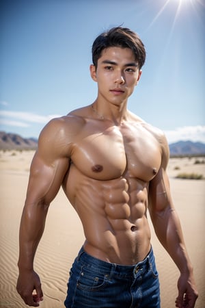 Handsome young man with Korean features, 20 years old, posing in a vast desert field against an endless blue sky horizon. He stands strong, (( showcasing his toned physique and six-pack abs and V-Cut ABS Muscles)) highlighting his healthy lips, Stubble, he have navel hairline looking  hot,Wide-Angle,Eye level angle photography,emphasizing upper body details and strict facial features,high-impact strictly face detail, lifelike person, extremely realistic, Flawlessly portrayed , close mouth 