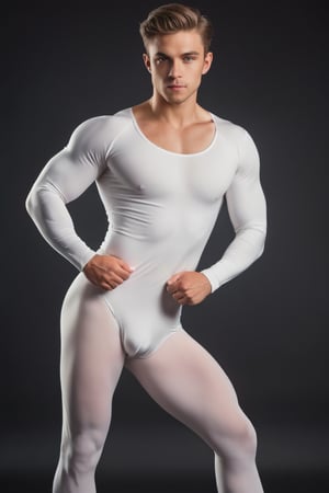 imagine the following scene

In a black room, a photo studio, a beautiful man poses as a professional model

The man is from Alaska, 25yo, very light and bright aqua green eyes, big eyes, long eyelashes, full and red lips, muscular, smiling.

He is dressed in a white ballet leotard, white sports shoes.

Strong, muscular legs and arms, large chest. voluptuous crotch

He is standing, in a dynamic pose, a model pose.

Black background

The shot is wide to capture the details of the scene. best quality, 8K, high resolution, masterpiece, HD, perfect proportions, perfect hands.
