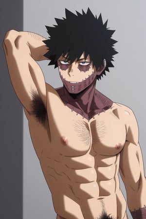 masterpiece, best quality, male focus, solo, showing_armpits, hairy_armpits, pubic_hair, big_cock, add a blue flames on his hand, cartoon,dabi_bnha