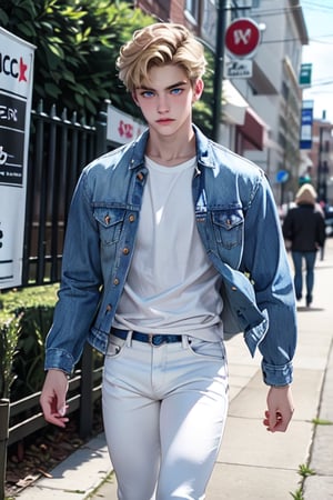 1male,blue eyes, handsome, white shirt,  blue jean jacket, white pants, slender, 17 years old boy, blonde ,Detailedface, realistic skin, pale skin, black shoes, walking, 