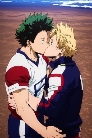 score_9,score_8_up,score_7_up, (two men, couple, duo:1.5), gay, bara, (kiss:1.5), hand on waist, looking at viewer, mirio_toogata ,izuku_midoriya, perfect anatomy, perfect proportions, best quality, masterpiece, high_resolution, dutch angle, cowboy shot, photo background, day, blue sky, ocean, look at each other, (perfect hands),mirio_toogata, green hair,