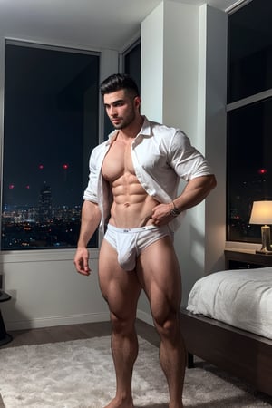 Realistic depiction of a muscular male with full-body focus on his physique at night. He stands confidently with blush cheeks and glossy lips, wearing white briefs and white open shirts, sporting thick eyebrows and lips, framed by a perfect oval face and sharp nose. His hi-top fade haircut is neatly trimmed at 1.3 inches. The scene features soothing tones, muted colors, and high contrast, with natural skin texture and soft light. Sharp focus on his facial features creates a hyperrealistic image, huge bulge modern bedroom with decorations, a windowed night view of beautiful city with skyscrapers, at night, dark enviroment Camera settings to capture such a vibrant and detailed image would likely include,1boy