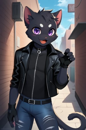 score_8_up, anthro, male cat whit black fur and purple eyes, detailed eyes, solo, slim body, biker look, fingerless leather gloves, ripped blue jeans, black leather jacket, cute_fang, cute pose, alley background,AlbertWesker
