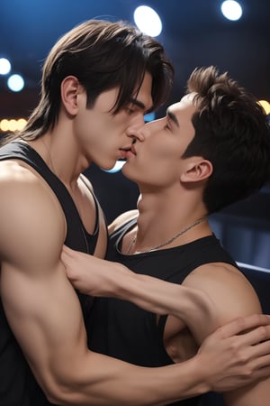 A young cute beautiful face white guy in night club kissing a handsome muscular guy in sleeveless with long hair