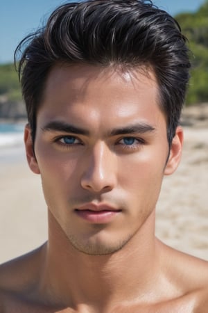 
Imagine the following scene:

On a large, beautiful beach, during the day, with many waves, a beautiful man bathes. The man is inside the beach

The man is from Japan, 25yo, very light and bright blue eyes, big eyes, long eyelashes, full and red lips.

Wear a navy blue swimsuit

Dynamic pose. Half body shot, cowboy shot,

The shot is wide, to capture the details of the scene. best quality, 8K, high resolution, masterpiece, HD, perfect proportions, perfect hands.