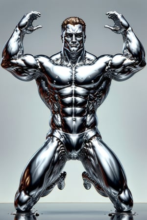 Photorealism, 8k, sharpest detail, (Man with (full) body made of chrome:1.2), heroic front posing as bodybuilder, arms up, perfect anatomy and musculature, masterpiece art by joe madureira and joe jusko, (reflective:1.2). 