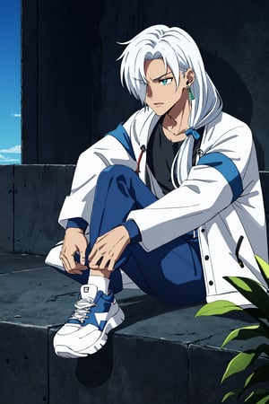 1boy,NaraShiranui,long hair,earphones,The boy has long, silver-white hair that falls over his shoulders and partially covers his face. His eyes are light blue and he has a serious yet attractive expression. His skin is fair. He wears a green earring in his left ear,long sleeves, jewelry, jacket, An anime boy with a very cool urban style. He wears a white and blue jacket, black and blue cargo pants, and sneakers. His outfit is super modern and stylish! It looks like something out of an action or cyberpunk anime,young boy,wide leg pants,