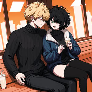 highly detailed, masterpiece, high quality, beautiful, 1girl and 1boy,Yuu (girl,1.7,UraPan, short hair, open mouth, bangs, black hair, thighhighs, long sleeves, ahoge, black thighhighs, sleeves past wrists, , turtleneck, messy hair, ribbed sweater, turtleneck sweater, hair over eyes, black sweater ). dating with,
denji(male,1.9,denji_chainsaw_man, warm jacket,blonde hair, brown eyes,black jacket,open jacket,long pants,hair cover one eye), cuddling,outside,romance,smile,sitting,city,icecream,aestetic,