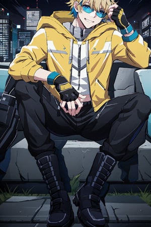 solo, looking at viewer, short hair, blue eyes, blonde hair, hair ornament,black gloves, 1boy, hair between eyes, jacket, male focus, multicolored hair, boots, pants, hood, fingerless gloves, black footwear, hoodie, black pants, zipper, yellow jacket, straight-on, yellow hoodie,outside,city,night,Zecadora,multicolored blue hair,smile,touch hair,black sun glasses,sitting,