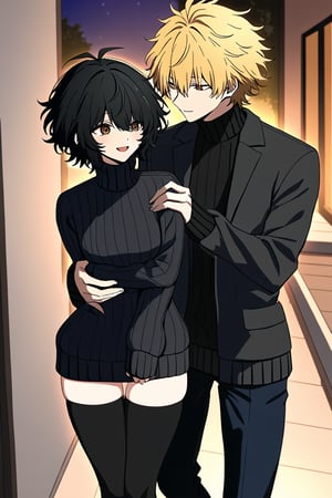 highly detailed, masterpiece, high quality, beautiful, 1girl and 1boy,Yuu (girl,1.7,UraPan, short hair, open mouth, bangs, black hair, thighhighs, long sleeves, ahoge, black thighhighs, sweater, sleeves past wrists, , turtleneck, messy hair, ribbed sweater, turtleneck sweater, hair over eyes, black sweater ). dating with,
denji(male,1.9,denji_chainsaw_man, blonde hair, brown eyes,black jacket,open jacket,long pants,hair cover one eye), cuddling,outside,romance,smile,walking,