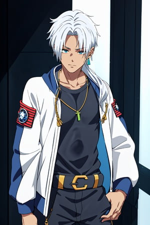 1boy,NaraShiranui,long hair,earphones,The boy has long, silver-white hair that falls over his shoulders and partially covers his face. His eyes are light blue and he has a serious yet attractive expression. His skin is fair. He wears a green earring in his left ear,long sleeves, jewelry, jacket, An anime boy with a very cool urban style. He wears a white and blue jacket, black and blue cargo pants, and sneakers. His outfit is super modern and stylish! It looks like something out of an action or cyberpunk anime,young boy,