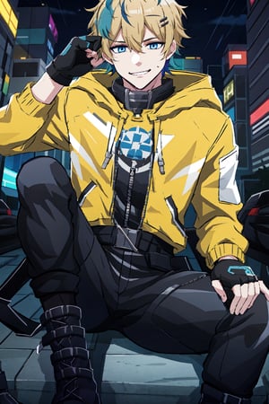 solo, looking at viewer, short hair, blue eyes, blonde hair, hair ornament,black gloves, 1boy, hair between eyes, jacket, male focus, multicolored hair, boots, pants, hood, fingerless gloves, black footwear, hoodie, black pants, zipper, yellow jacket, straight-on, yellow hoodie,outside,city,night,Zecadora,multicolored blue hair,smile,touch hair,