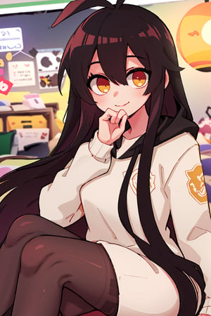 1girl, solo, long hair, looking at viewer, smile, bangs, skirt, black hair, long sleeves, hair between eyes, very long hair, closed mouth, yellow eyes, pantyhose, hood, black pantyhose, hoodie, antenna hair, white hoodie,Linkaimane,1.5 meters tall,smiling,cute,classroom, sitting,eyes with golden star,