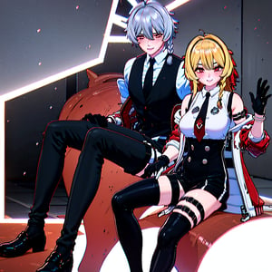 highly detailed, masterpiece, high quality, beautiful,couple,romance,smile, 1girl (long hair, breasts, blush, smile, bangs, blonde hair, shirt, red eyes, thighhighs, gloves), 1boy (sitting, jacket, braid, grey hair, necktie, shorts, black gloves, collared shirt, vest, thigh strap, white headwear, black pants, white jacket), mechanical arms,