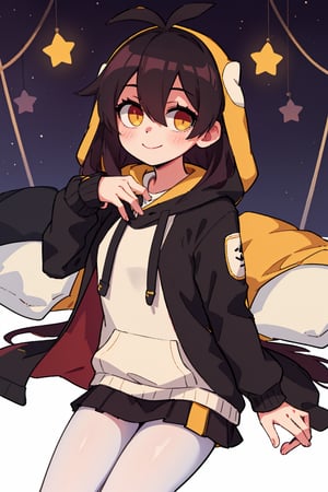 1girl, solo, long hair, looking at viewer, smile, bangs, skirt, black hair, long sleeves, hair between eyes, very long hair, closed mouth, yellow eyes, pantyhose, hood, black pantyhose, hoodie, antenna hair, white hoodie,Linkaimane,1.5 meters tall,smiling,cute,park, sitting,star shaped eyes,