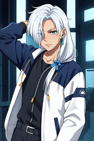 1boy,NaraShiranui,long hair,earphones,The boy has long, silver-white hair that falls over his shoulders and partially covers his face. His eyes are light blue and he has a serious yet attractive expression. His skin is fair. He wears a green earring in his left ear,long sleeves, jewelry, jacket, An anime boy with a very cool urban style. He wears a white and blue jacket, black and blue cargo pants, and sneakers. His outfit is super modern and stylish! It looks like something out of an action or cyberpunk anime,young boy,