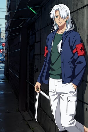 1boy,NaraShiranui,long hair,The boy has long, silver-white hair that falls over his shoulders and partially covers his face. His eyes are light blue and he has a serious yet attractive expression. His skin is fair. He wears a green earring in his left ear,long sleeves, jewelry, jacket, An anime boy with a very cool urban style. He wears a white and blue jacket, black and blue cargo pants, and sneakers. His outfit is super modern and stylish! It looks like something out of an action or cyberpunk anime,young boy,