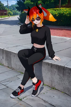 1girl(ShadDGray),ShadDGray(solo, looking at viewer, shirt, hair ornament, long sleeves, animal ears, full body, outdoors, shoes, alternate costume, midriff, pants, cat ears, hair flower, animal ear fluff, black shirt, bell, black pants, sunglasses, sneakers, eyewear on head, hair bell,blonde hair, red eyes,animal ears, hair between eyes,red hair, multicolored hair,horns,black footwear,orange hair, fox ears, gradient hair,character doll),thighhighs, sitting,on gym,