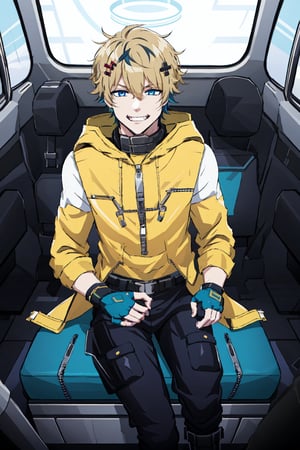 solo, looking at viewer, short hair, blue eyes, blonde hair, hair ornament, gloves, 1boy, hair between eyes, jacket, male focus, multicolored hair, boots, pants, hood, fingerless gloves, black footwear, hoodie, black pants, zipper, yellow jacket, straight-on, yellow hoodie,inside,Zecadora,multicolored hair,blue hair,evil smile, smile with fangs,