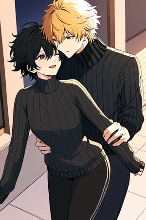 highly detailed, masterpiece, high quality, beautiful, 1girl and 1boy,Yuu (girl,1.7,UraPan, short hair, open mouth, bangs, black hair, thighhighs, long sleeves, ahoge, black thighhighs, sleeves past wrists, , turtleneck, messy hair, ribbed sweater, turtleneck sweater, hair over eyes, black sweater ). dating with,
denji(male,1.9,denji_chainsaw_man, warm jacket,blonde hair, brown eyes,black jacket,open jacket,long pants,hair cover one eye), cuddling,outside,romance,smile,walking,