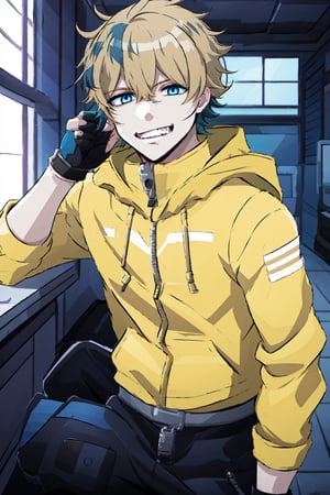 solo, looking at viewer, short hair, blue eyes, blonde hair, hair ornament, gloves, 1boy, hair between eyes, jacket, male focus, multicolored hair, boots, pants, hood, fingerless gloves, black footwear, hoodie, black pants, zipper, yellow jacket, straight-on, yellow hoodie,inside,Zecadora,multicolored blue hair,blue hair,evil smile, smile with fangs,standing,