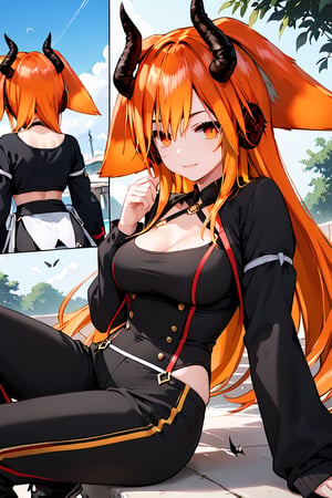 score_9, score_8_up, score_7_up, score_6_up, score_5_up, score_4_up, ,ShadD'Gray,1.9,long hair,orange hair,multicolored hair,animal ears,dressed,sexy pose,multiple poses,outdoors,source_anime,BREAK,demon horns,