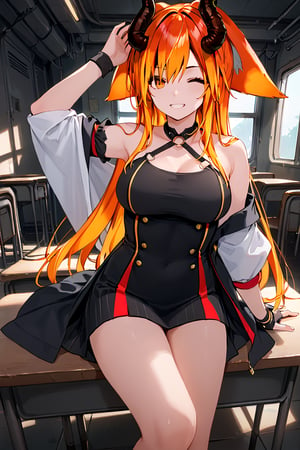 score_9, score_8_up, score_7_up, score_6_up, score_5_up, score_4_up, ,ShadD'Gray,1.9,long hair,orange hair,multicolored hair,animal ears,dressed,sexy pose,multiple poses,indoors,source_anime,BREAK,demon horns,