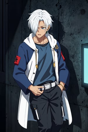 1boy,NaraShiranui,full body,The boy has long, silver-white hair that falls over his shoulders and partially covers his face. His eyes are light blue and he has a serious yet attractive expression. His skin is fair. He wears a green earring in his left ear,long sleeves, jewelry, jacket, An anime boy with a very cool urban style. He wears a white and blue jacket, black and blue cargo pants, and sneakers. His outfit is super modern and stylish! It looks like something out of an action or cyberpunk anime,young boy,