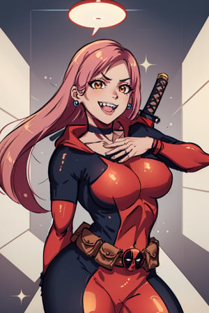 masterpiece, highest quality, so beautiful,highly definited,1girl, solo, long hair, breasts, looking at viewer, very long hair,shoes, virtual youtuber,belt, katana, bodysuit, building, pouch,superhero, red bodysuit, utility belt,deadpool,red deadpool outfit,BodySuit_lady_deadpool_ownwaifu,NeneEfthy, brown eyes, yellow eyes, earrings, pink hair,  hair over one eye,brown hair, two-tone hair, smile,choker,pointed_teeth,mechanical_arms,mischievous smile,lascivious look, lewd,