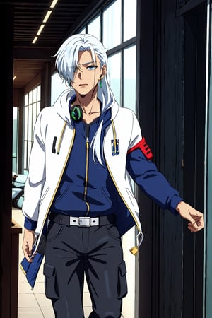 1boy,NaraShiranui,long hair,earphones,The boy has long, silver-white hair that falls over his shoulders and partially covers his face. His eyes are light blue and he has a serious yet attractive expression. His skin is fair. He wears a green earring in his left ear,long sleeves, jewelry, jacket, An anime boy with a very cool urban style. He wears a white and blue jacket, black and blue cargo pants, and sneakers. His outfit is super modern and stylish! It looks like something out of an action or cyberpunk anime,young boy,