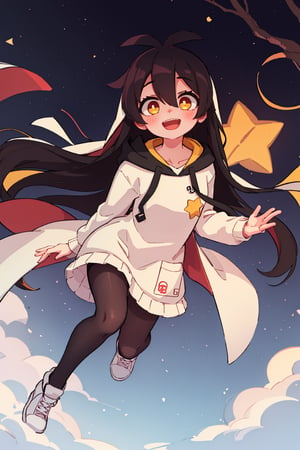 1girl, solo, long hair, looking at viewer, smile, bangs, skirt, black hair, long sleeves, hair between eyes, very long hair, open mouth, yellow eyes, pantyhose, hood, black pantyhose, hoodie, antenna hair, white hoodie,Linkaimane,1.5 meters tall,cute,star shaped eyes,blush,hands up,jump,