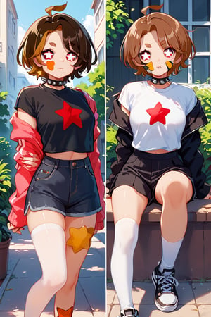 score_9, score_8_up, score_7_up, score_6_up, score_5_up, score_4_up, 1girl,NuggetMeowVT,1.7,short hair,brown hair,multicolored hair,dressed,sexy pose,multiple poses,outdoors,source_anime,BREAK, split-color hair,spiked chocker,star-shaped pupils,star \(symbol\) in the shirt,red eyes