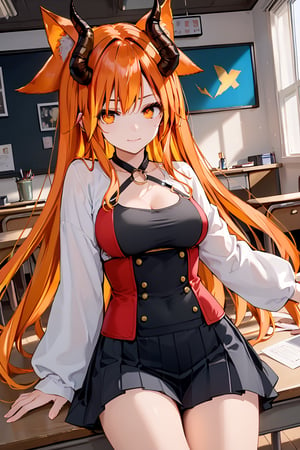 score_9, score_8_up, score_7_up, score_6_up, score_5_up, score_4_up, ,ShadD'Gray,1.9,long hair,orange hair,multicolored hair,animal ears,dressed,sexy pose,multiple poses,indoors,source_anime,BREAK,demon horns,