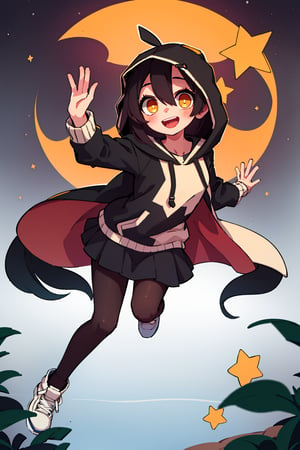 1girl, solo, long hair, looking at viewer, smile, bangs, skirt, black hair, long sleeves, hair between eyes, very long hair, open mouth, yellow eyes, pantyhose, hood, black pantyhose, hoodie, antenna hair, white hoodie,Linkaimane,1.5 meters tall,cute,star shaped eyes,blush,arms raised,jump,hands up,